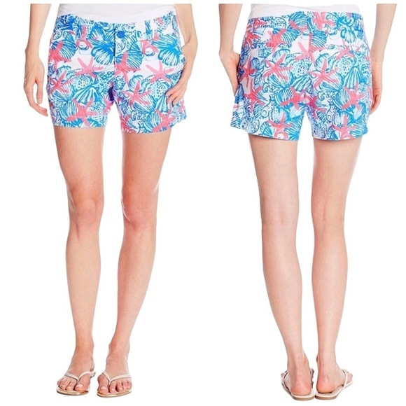 Lilly Pulitzer She She Shells Callahan Shorts Size 2 Starfish Shells Blue Red - Picture 1 of 9